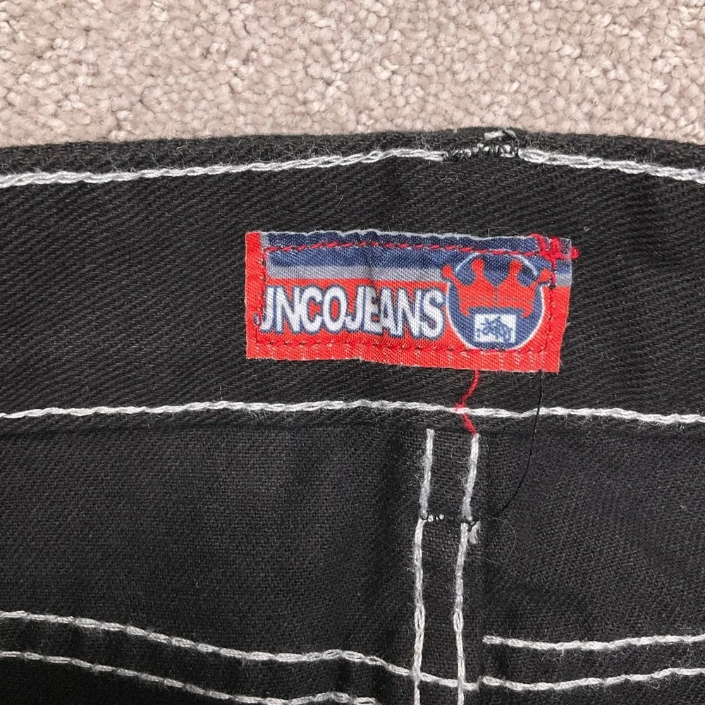 Wide Leg‎ Flaming Skull Pocket  Mens Small Black Contrast Stitch Denim Hip Hop